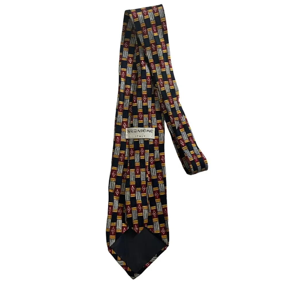 Krizia Uomo Italy Blue Red Yellow Rectangle Diamond Geometric Silk Tie